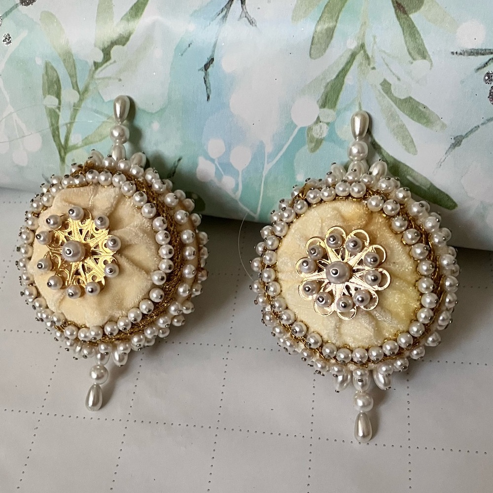 Vintage Handmade Beaded Ornaments for Christmas Tree Gold and White